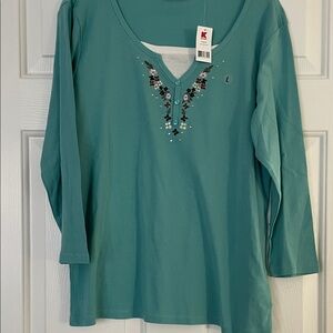 Teal Floral Embroidered Long Sleeve Top